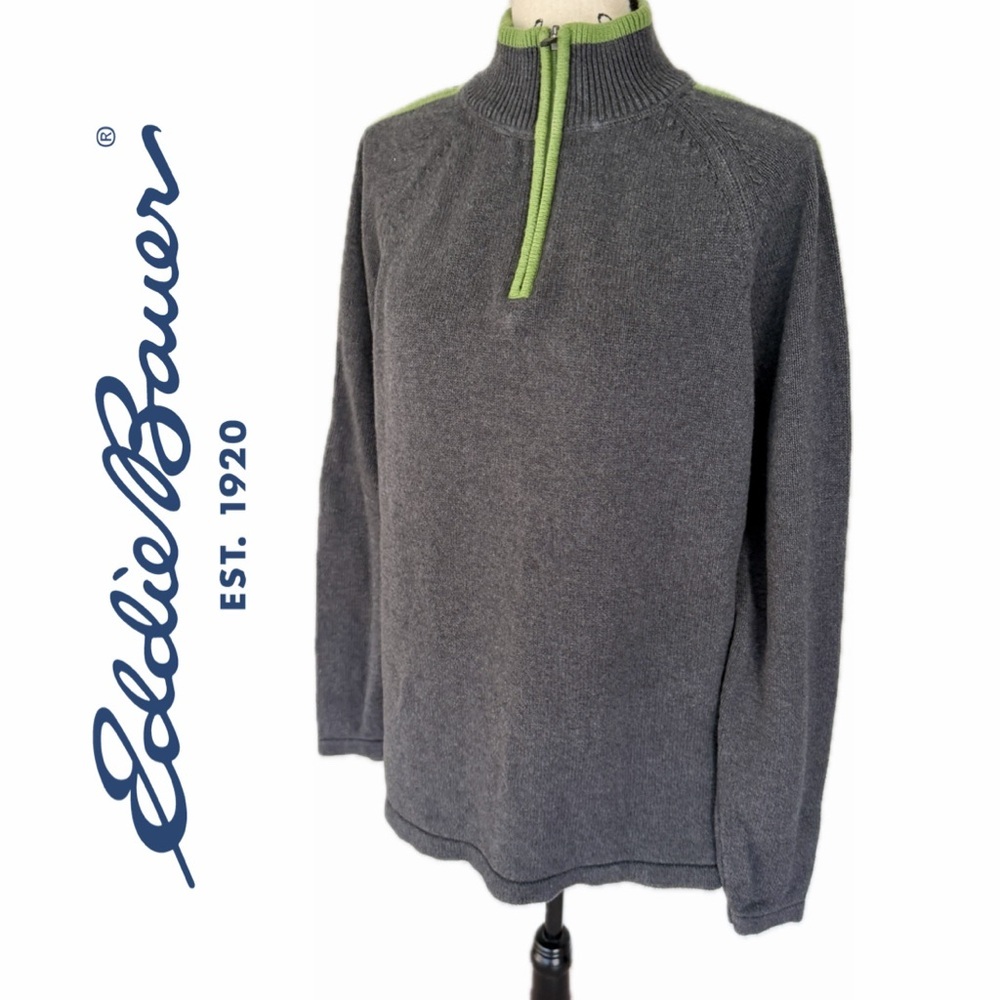 Eddie Bauer Sweater Pullover 1/4 Zip Charcoal/Lime Green Sz L 100%Cotton Grandpa